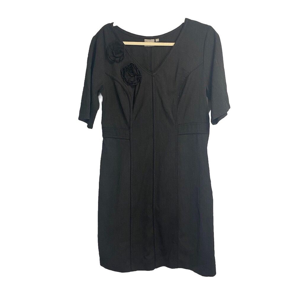 eShakti Womens Rose Detail Black Pullover Sheath Dress V-neck Black Sz Large 14